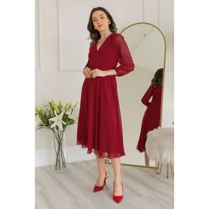 ZKS Grup Tekstil Kadın Balon Kol Kruvaze Midi Boy Şifon Astarlı Büyük Beden Elbise Haki, Kırmızı, Bordo, Yeşil, Saks, Siyah, Mor, Desenli