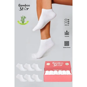 Bambu Kadın Patik Düz Beyaz Çorap Dikişsiz Premium Kutulu 6'lı