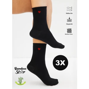 Bamboo Star Bambu Kadın Kalp Desenli Lastiksiz Siyah Soket Dikişsiz Çorap 3'lü Paket/ Sıkmayan Çorap/iz Bırakmaz