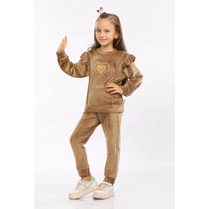 Burç Bebe Kız Çocuk Kadife Alt Üst Eşofman Takımı -  Kahverengi
