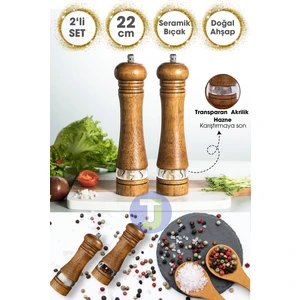 2 Adet Doğal Ahşap Karabiber Tuz Kahve Baharat Öğütücü Ahşap Değirmen Tuzluk Biberlik 2li Set 22CM Akrilik
