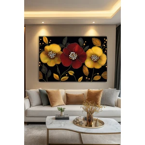 Altın Çiçekler Kanvas Duvar Tablosu Dekoratif Modern Salon Oturma Odası Antre Dekor Büyük
