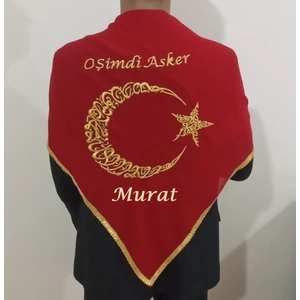 Moms And Babies Asker Şalı Kırmızı Gold O Şimdi Asker Nakış Işlemeli Kına - Damat - Asker Omuz Şalı Atkı Isme Özel