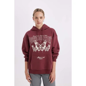 Oversize Geniş Kalıp Kapüşonlu Baskılı Kalın Sweatshirt C7816AX24WN