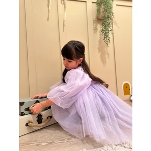 Azece Kids Lila Balon Kol Tüllü Astarlı Uzun Kol Kız Çocuk Doğum Günü Elbisesi Kız Abiye