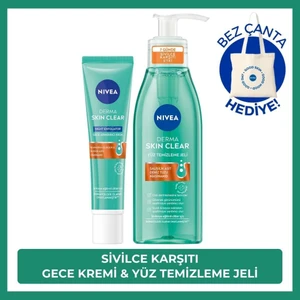 Nıvea Derma Skin Clear Yüz Temizleme Jeli 150Ml Gece Kremi 40Ml,Bez Çanta Hediye