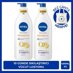 Q10 Sıkılaştırıcı Vücut Losyonu 10 Günde Sıkılaşma, C Vitamini, Bez Çanta Hediyeli 400 ml x 2 Adet,