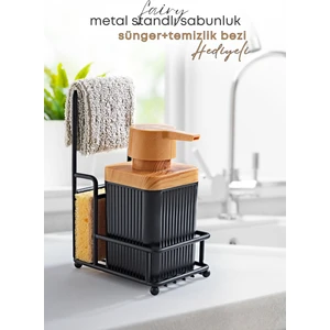 Grimor Life Metal Standlı Süngerli Tekli Siyah Ahşap Akrilik Bulaşık Deterjanı Sıvı Sabunluk 400 Ml-Bez Askılığı