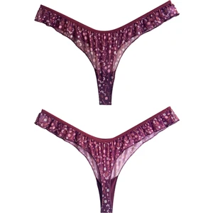 Mürdüm Çiçek Desenli Tül Kenarları Fırfırlı Tanga Külot