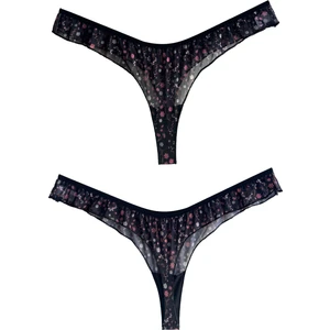 Siyah Çiçek Desenli Tül Kenarları Fırfırlı Tanga Külot