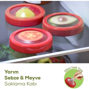 3lü Buzdolabı Için Yarım Meyve ve Sebze Koruma Kabı - Limon, Soğan, Domates Saklama Kutusu Kırmızı
