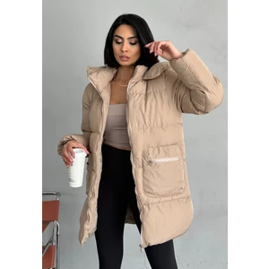 Gümüş Detaylı Kapüşonlu Uzun Şişme Mont