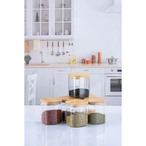 6 Adet 350 Ml Kare Bambu Kapaklı Lüks Baharat Seti