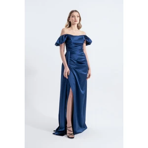 Cloe | Saten Straplez Maxi Abiye Elbise Düşük Kollu Drapeli - Gece Mavisi