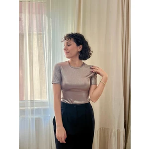 Likralı Kendinden Simli Kısa Kollu Bisiklet Yaka Tunik Bluz