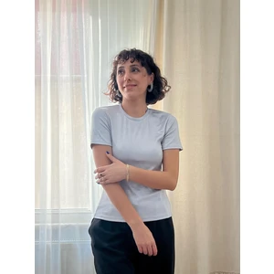 Likralı Kendinden Simli Kısa Kollu Bisiklet Yaka Tunik Bluz