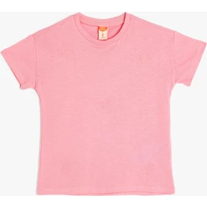 Çiçek Işlemeli Kısa Kollu Pamuklu Basic Tişört