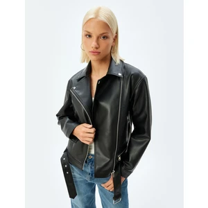 Crop Oversize Suni Deri Biker Ceket Fermuarlı Cepli Kemer Detaylı