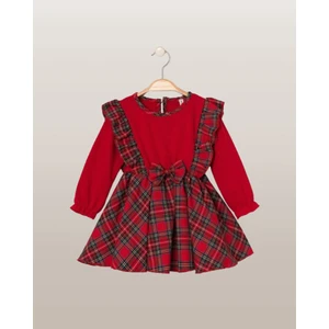 Ekose Desenli Beli ve Kolları Lastikli Fiyonk Detaylı Kız Çocuk Elbise