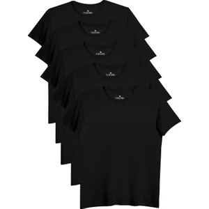 5'li Paket Siyah Slim Fit Dar Kesim  Pamuk Bisiklet Yaka Tişört