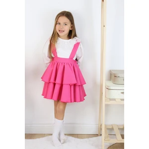 Kız Çocuk Helen Pembe Askılı Kat Kat Bağlama Jile Elbise Dantel Detay Ekru Uzun Kollu Bluz Takım