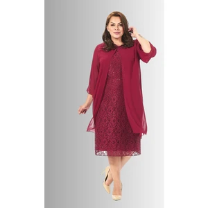 Lilas Xxl Büyük Beden Vişne Renkli  Dantelli Dantelli Şifon Ceketli Elbise