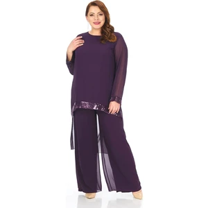 Lilas Xxl Büyük Beden Mürdüm Renkli Şifon Pantolon Bluz Takım