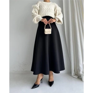 Mrs. Idea Kadın Scuba Krep Bel Lastikli Kiloş Etek Siyah