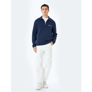 Slogan Işlemeli Pamuk Karışımlı Dikiş Detaylı Yarım Fermuarlı Sweatshirt