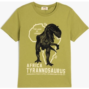 Dinozor Baskılı Bisiklet Yaka Kısa Kollu Pamuklu Tişört