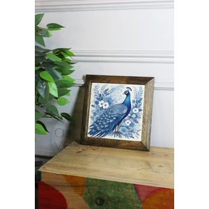 Masif Ahşap Çerçeveli Taş Tablo Pano 16  x  16  cm  - Tavus Kuşu 1