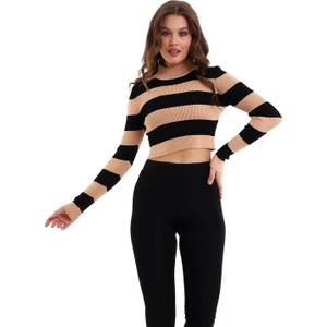 Irmak Kerekli Çizgili Triko Crop Kazak Triko Bluz 1101