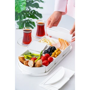 6 Parça Oval Tepsili Porselen Kapaklı Kahvaltı Takımı Seti