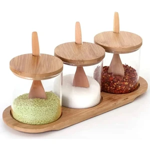 Bambu Standlı Bambu Kapaklı Kaşıklı 3 Parça Baharatlık