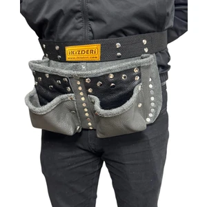 İKİZ DERİ Dört Bölmeli Hakiki Deri Çivi Önlüğü Gri-Siyah