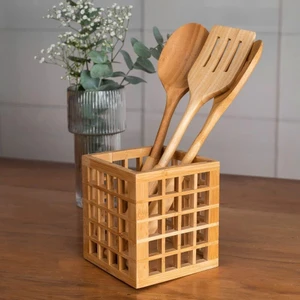 Mutfak Bambu Kare Modern Tasarımlı Kare Kaşıklık 13*13*15 cm