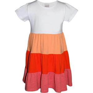 Beyaz+ Turuncu Melanj Kat Kat Renkli Kız Çocuk Kısa Kollu Elbise