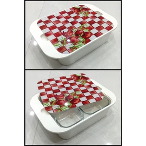 Temperli Cam Kapaklı Melamin Tepsili 4lü Cam Kahvaltılık Seti - Nar Desenli