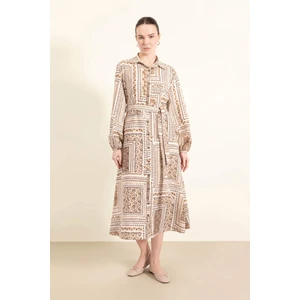 Gömlek Yaka Desenli Aerobin Uzun Kollu Kuşaklı Midi Elbise C2501AX25SP