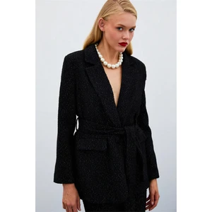 1533-6518 Siyah Kadın Kuşaklı Simli Tüvit Ceket