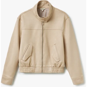 Fermuar Detaylı Dik Yaka Cepli Uzun Kollu Suni Deri Ceket