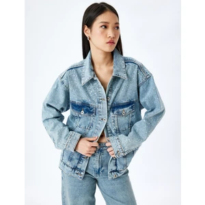 Cepli Taş Detaylı Düğmeli Denim Ceket