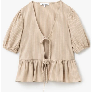 Bağcık Detaylı V Yaka Kısa Balon Kollu Çizgili Bluz