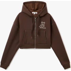 Arkası Baskılı Kanguru Cepli Kapüşonlu Şardonlu Fermuarlı Sweatshirt