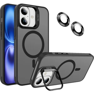 Kzy Apple iPhone 16 ile Uyumlu Lens Hediyeli Kapak Kamera Korumalı Wireless Şarj Özellikli Standlı Premium Kılıf - Siyah