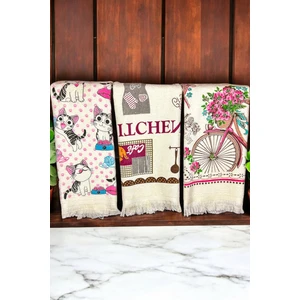 Cnr Garden 3'lü Saçaklı Pamuklu 40x60 cm Pamuk Baskılı Havlu Seti El Yüz Mutfak Havlusu Yumuşak Desenli Su Emici Set