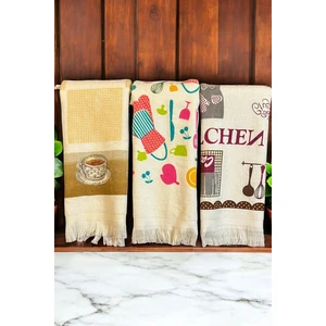 Cnr Garden 3'lü Saçaklı Pamuklu 40X60 cm %100 Pamuk Baskılı Havlu Seti El Yüz Mutfak Havlusu Yumuşak Desenli Su Emici Set