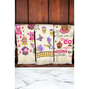 Cnr Garden 3'lü Saçaklı Pamuklu 40X60 cm %100 Pamuk Baskılı Havlu Seti El Yüz Mutfak Havlusu Yumuşak Desenli Su Emici Set