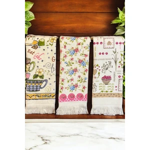 Cnr Garden 3'lü Saçaklı Pamuklu 40X60 cm %100 Pamuk Baskılı Havlu Seti El Yüz Mutfak Havlusu Yumuşak Desenli Su Emici Set