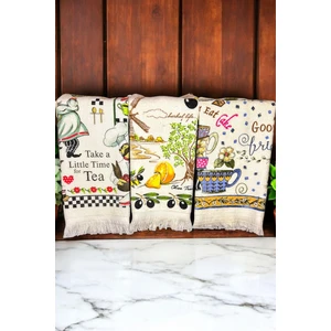 Cnr Garden 3'lü Saçaklı Pamuklu 40X60 cm %100 Pamuk Baskılı Havlu Seti El Yüz Mutfak Havlusu Yumuşak Desenli Su Emici Set